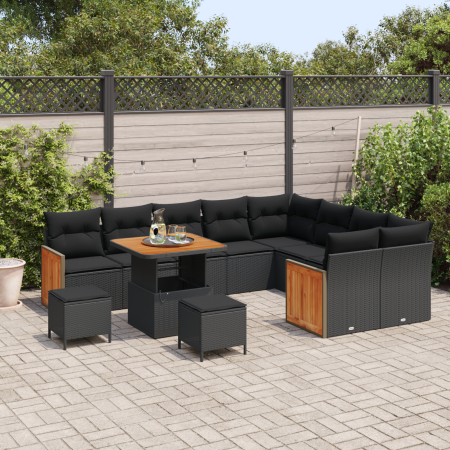 Conjunto de Sofá de Jardín de 12 Piezas con Cojines Negro Poliratán Acacia de , Sofás de exterior - Ref: Foro24-3363339, Prec...