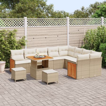 Conjunto de Sofá de Jardín  de 12 Piezas con Cojines Beige Ratán Poliéster Acacia | Foro24.es | Tu tienda online para hogar, jardín y más Foro24.es