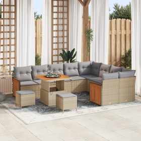 Conjunto de Sofá de Jardín de 12 Piezas con Cojines Beige Poliratán Acacia