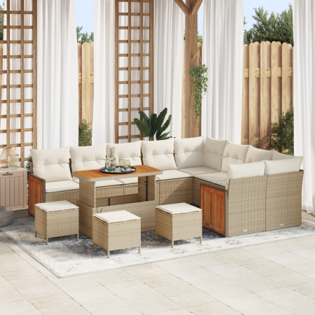 Set de sofá de jardín de 13 piezas con cojines Beige Ratán Polipropileno Acacia de , Sofás de exterior - Ref: Foro24-3363351,...