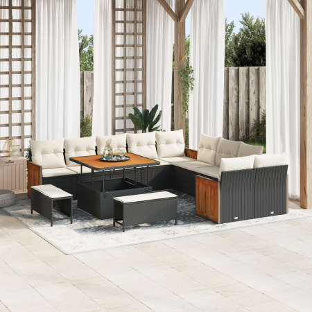Conjunto de sofá de jardín de 13 piezas con cojines negro ratán sintético acacia de , Sofás de exterior - Ref: Foro24-3363355...