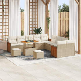 Juego de sofá de jardín  de 13 piezas con cojines beige de poliratán y acacia
