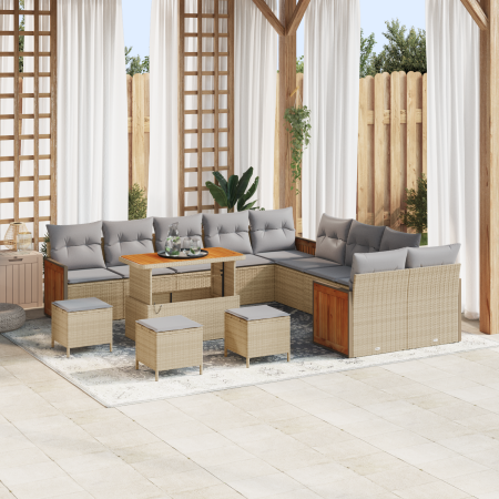 Juego de Sofá de Jardín de 14 Piezas con Cojines Beige Polirratán Acacia de , Sofás de exterior - Ref: Foro24-3363372, Precio...