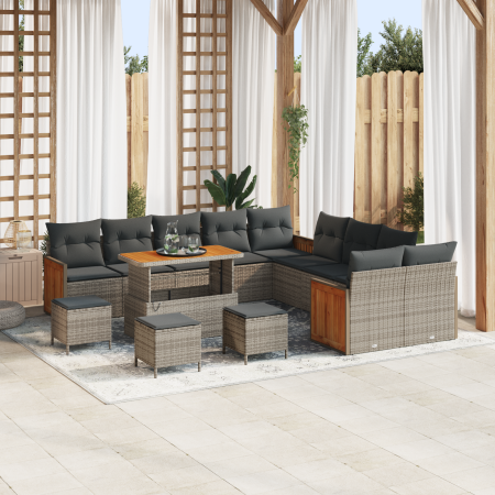 Conjunto de Sofá de Jardín de 14 Piezas con Cojines Gris Ratán Sintético Acacia de , Sofás de exterior - Ref: Foro24-3363373,...