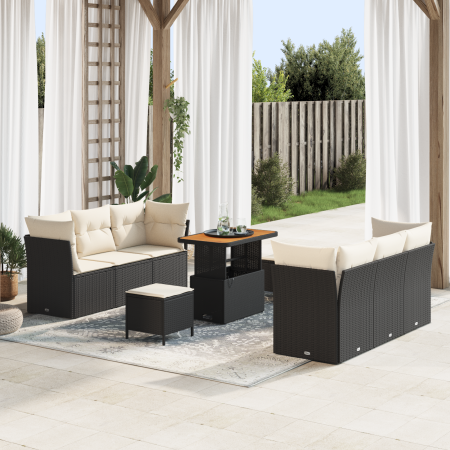 Juego de sofá de jardín de 9 piezas con cojines, negro, poliratán, acacia | Foro24.es | Tu tienda online para hogar, jardín y más Foro24.es