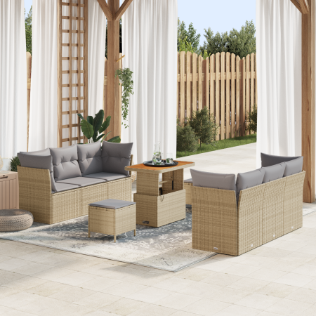 Conjunto de Sofá de Jardín de 9 Piezas con Cojines Beige de Ratán Poliéster Acacia de , Sofás de exterior - Ref: Foro24-33633...