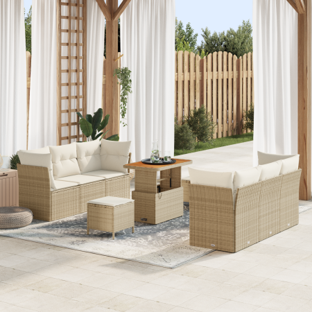 Juego de Sofá de Jardín de 9 Piezas con Cojines Beige Poliratan Acacia de , Sofás de exterior - Ref: Foro24-3363391, Precio: ...