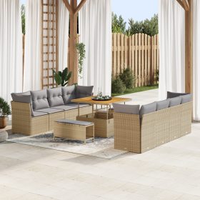 Conjunto de Sofás de Jardín  de 11 piezas con cojines Beige Ratán Poliéster Acacia