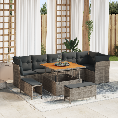 Juego de sofá de jardín de 9 piezas con cojines Gris Poliratán Acacia de , Sofás de exterior - Ref: Foro24-3363448, Precio: 6...