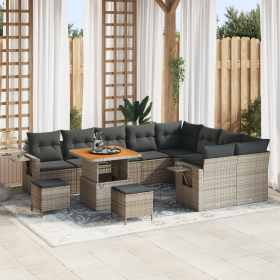 Conjunto de Sofá de Jardín  de 12 piezas con cojines, Gris, Poliratán, Acacia