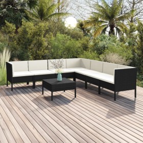 Set de muebles de jardín 8 pzas y cojines ratán sintético negro