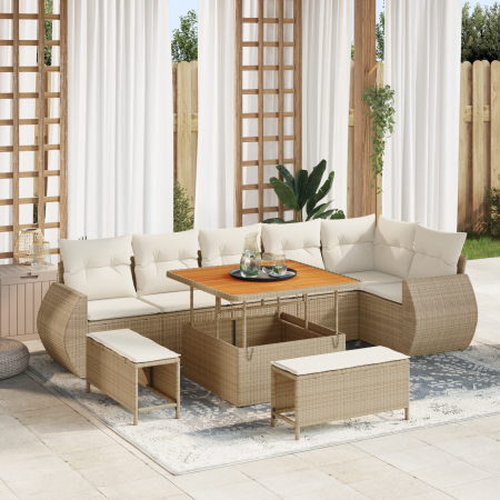 Juego de Sofá de Jardín de 9 Piezas con Cojines Beige Ratán Polipropileno Acacia de , Sofás de exterior - Ref: Foro24-3363836...