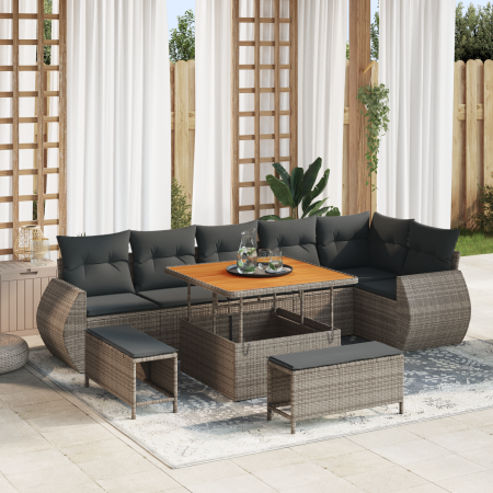Conjunto de Sofá de Jardín de 9 Piezas con Cojines Gris Poliratán Acacia de , Sofás de exterior - Ref: Foro24-3363838, Precio...