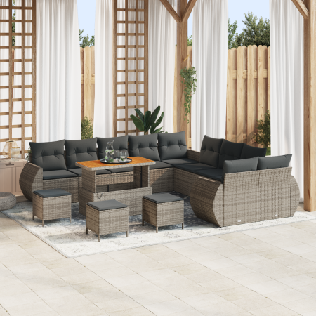 Conjunto de Sofá de Jardín de 14 Piezas con Cojines Gris de Poliratán Acacia | Foro24.es | Tu tienda online para hogar, jardín y más Foro24.es