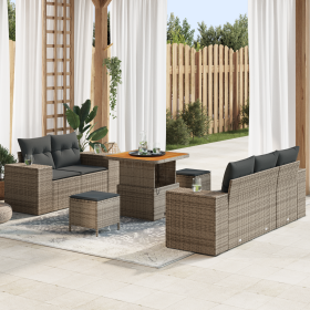 Conjunto de Sofá de Jardín de 8 Piezas con Cojines Gris Ratán Poliéster Acacia