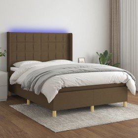 Cama box spring colchón luces LED tela marrón oscuro 140x190 cm Cama box spring colchón luces LED tela marrón oscuro 140x190 cm