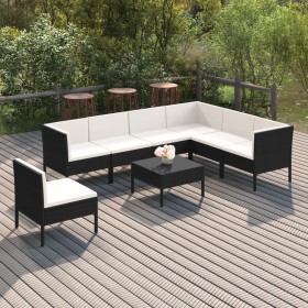 Set de muebles de jardín 8 pzas y cojines ratán sintético negro