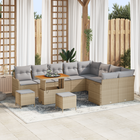 Juego de Sofá de Jardín de 12 Piezas con Cojines Beige Ratán Poliéster Acacia de , Sofás de exterior - Ref: Foro24-3364257, P...