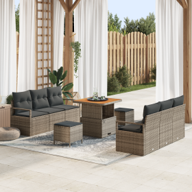 Set de Sofás de Jardín de 9 Piezas con Cojines Gris Poliratán Acacia de , Sofás de exterior - Ref: Foro24-3364428, Precio: 66...