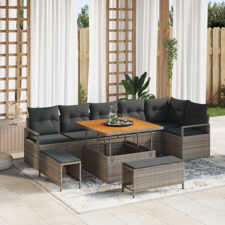 Juego de Sofá de Jardín de 9 Piezas con Cojines Gris Poliratán Acacia de , Sofás de exterior - Ref: Foro24-3364488, Precio: 7...