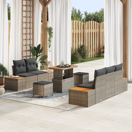 Conjunto de Sofá de Jardín de 8 Piezas con Cojines Gris Ratán Poliéster Acacia de , Sofás de exterior - Ref: Foro24-3364813, ...