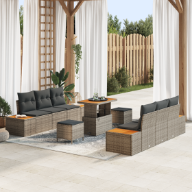 Conjunto de Sofá de Jardín de 9 Piezas con Cojines Ratán Poliratán Acacia Gris de , Sofás de exterior - Ref: Foro24-3364823, ...