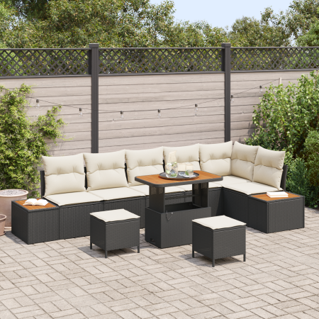 Conjunto de Sofá de Jardín 9 Piezas con Cojines Negro Ratán Poliéster Acacia de , Sofás de exterior - Ref: Foro24-3364885, Pr...