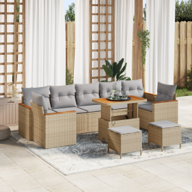 Juego de Sofá de Jardín de 10 Piezas con Cojines Beige Ratán Poliéster Acacia de , Sofás de exterior - Ref: Foro24-3364982, P...