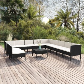 Set muebles de jardín 12 pzas y cojines ratán sintético negro