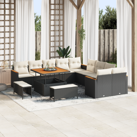 Conjunto de Sofá de Jardín de 13 Piezas con Cojines Negro de Poliratán y Acacia | Foro24.es | Tu tienda online para hogar, jardín y más Foro24.es