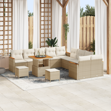 Conjunto de Sofá de Jardín de 13 Piezas con Cojines Poliratán Beige Acacia | Foro24.es | Tu tienda online para hogar, jardín y más Foro24.es