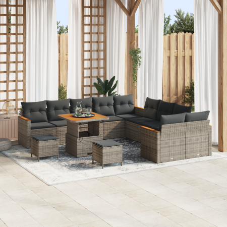 Juego de Sofá de Jardín de 13 Piezas con Cojines Gris Ratán Poliéster Acacia | Foro24.es | Tu tienda online para hogar, jardín y más Foro24.es