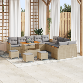 Juego de Sofá de Jardín de 14 Piezas con Cojines Beige Poliratán Acacia