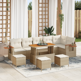 Juego de Sofá de Jardín de 10 Piezas con Cojines Beige Poliratán Acacia