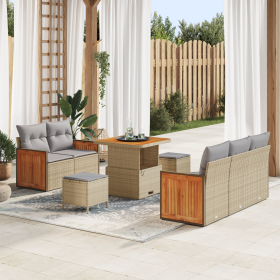 Juego de Sofás de Jardín de 8 Piezas con Cojines Beige Poliratán Acacia