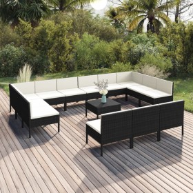 Set de muebles de jardín 14 pzas cojines ratán sintético negro