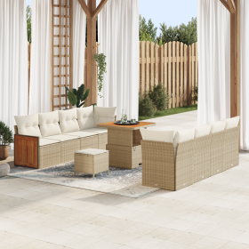 Conjunto de Sofá de Jardín  de 11 Piezas con Cojines Beige Ratán Poliéster Acacia