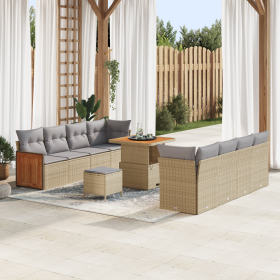Conjunto de Sofá de Jardín de 11 Piezas con Cojines Beige Ratán Poliéster Acacia de , Sofás de exterior - Ref: Foro24-3365227...
