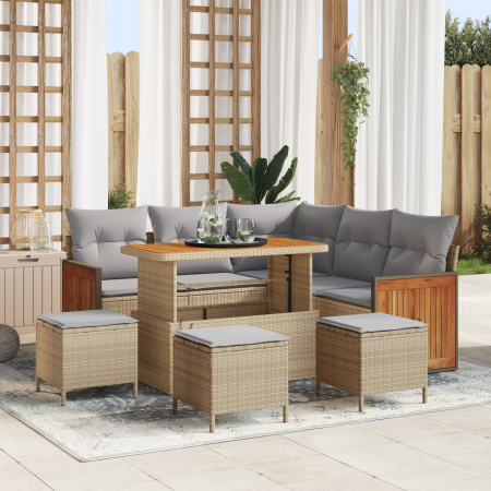 Conjunto de Sofá de Jardín de 9 Piezas con Cojines de Ratán Poliéster Beige Acacia de , Sofás de exterior - Ref: Foro24-33652...