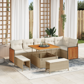 Juego de Sofá de Jardín de 9 Piezas con Cojines Beige de Poliratán Acacia