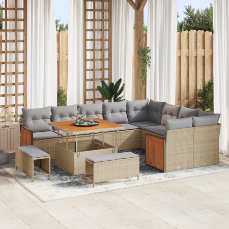 Juego de Sofá de Jardín de 12 Piezas con Cojines Beige Poliratán Acacia | Foro24.es | Tu tienda online para hogar, jardín y más Foro24.es