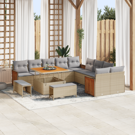 Conjunto de Sofá de Jardín de 13 Piezas con Cojines Beige de Poliratán Acacia | Foro24.es | Tu tienda online para hogar, jardín y más Foro24.es
