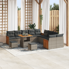 Conjunto de Sofá de Jardín de 13 Piezas con Cojines Gris Poliratán Acacia
