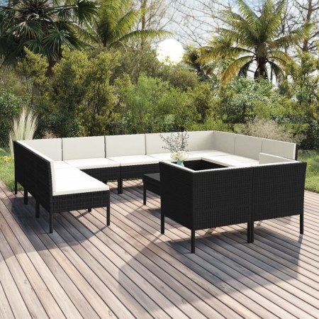 Set de muebles de jardín 12 pzas cojines ratán sintético negro