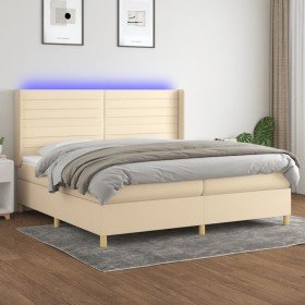 Cama box spring colchón y luces LED tela crema 200x200 cm Cama box spring colchón y luces LED tela crema 200x200 cm