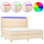 Cama box spring colchón y luces LED tela crema 200x200 cm