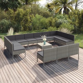 Set de muebles de jardín 14 pzas y cojines ratán sintético gris