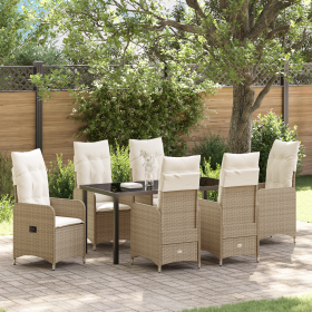 Set de Cenas de Jardín de 7 Piezas con Cojines Beige Poliratán