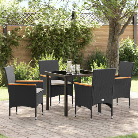 Juego de Comedor de Jardín de 5 Piezas con Cojines en Polirratán Negro de , Sillas de jardín - Ref: Foro24-3379843, Precio: 3...
