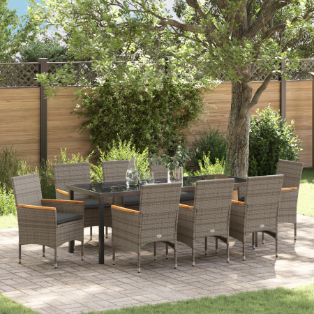 Juego de Comedor de Jardín de 9 Piezas con Cojines Rattan Poliéster Gris de , Sillas de jardín - Ref: Foro24-3379855, Precio:...